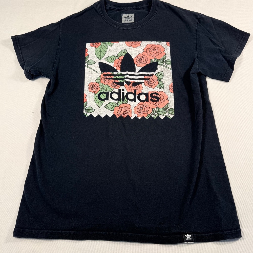Adidas Graphic T-Shirt Small Black Floral Rose Trefoil Logo Short Sleeve Cotton